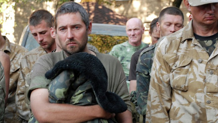 Ukrainian servicemen captured by independence supporters near Ilovaisk in Donetsk Region.