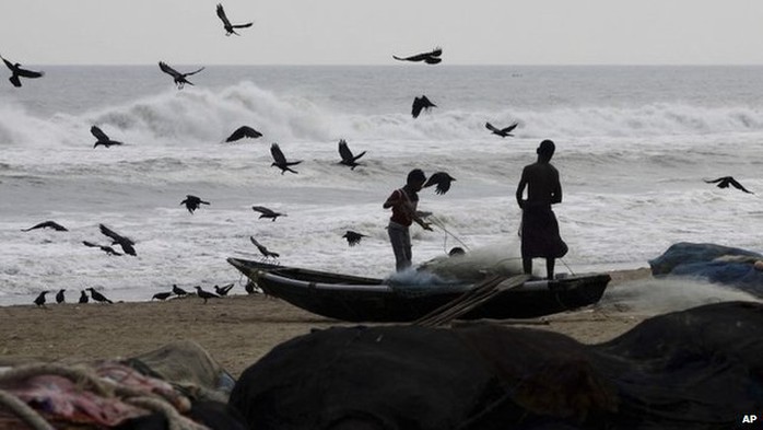 Fishermen sort their fishing nets after they return with their catch on the Bay of Bengal coast at Puri, Orissa state Oct 10, 2013