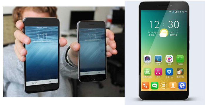 Hình ảnh so sánh giữa iPhone 6 và iPhone 6 Plus ở bên trái, trong khi 100+ V6 ở bên phải.