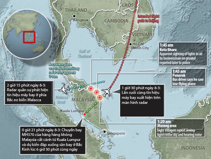 Hành trình bí ẩn của chuyến bay MH370. Ảnh: Daily Mail