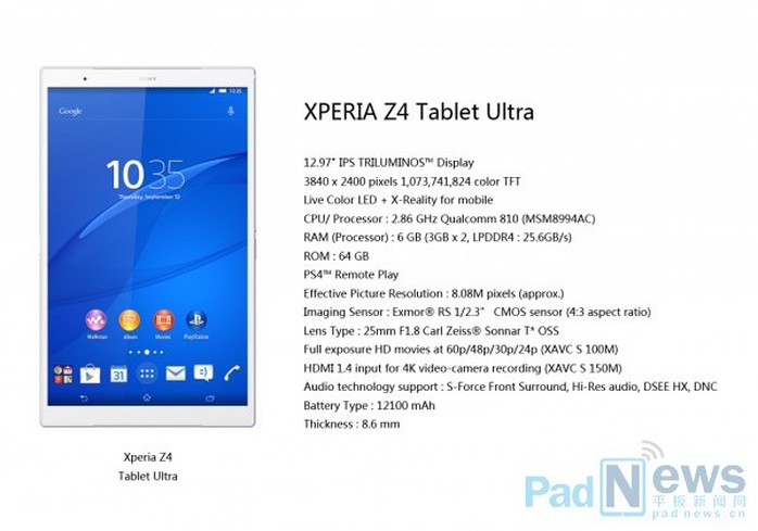 Thông số kỹ thuật của Xperia Z4 Tablet Ultra được đăng tải trên trang PadNews.