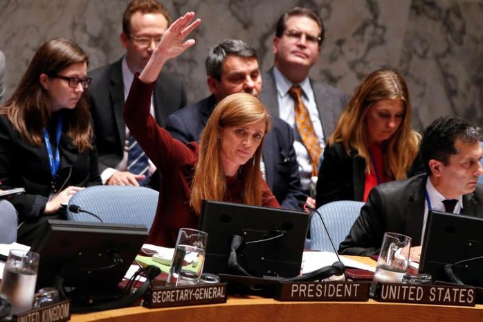 Đại sứ Mỹ Samantha Power (giữa) tại Liên Hiệp Quốc. Ảnh: Reuters
