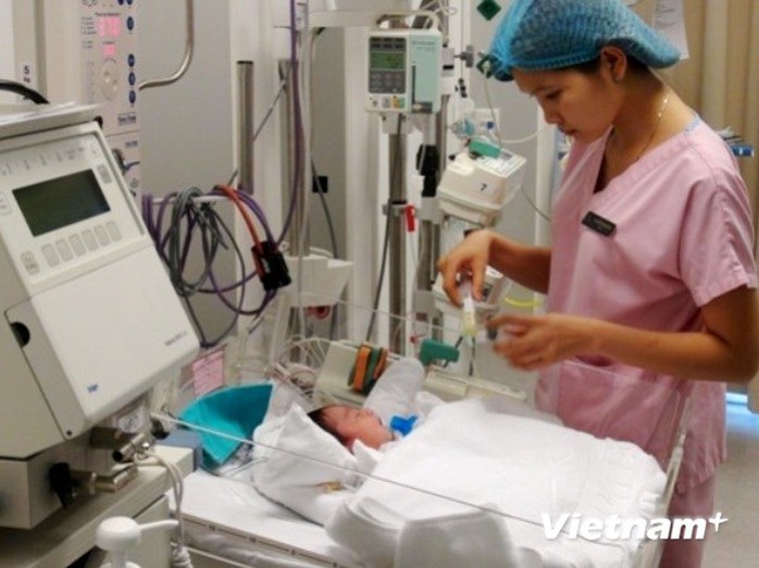 Nhân viên y tế chăm sóc sức khỏe cho trẻ sơ sinh. (Ảnh: PV/Vietnam+)