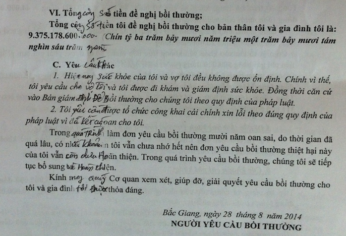 Một phần bản yêu cầu bồi thường của ông Nguyễn Thanh Chấn