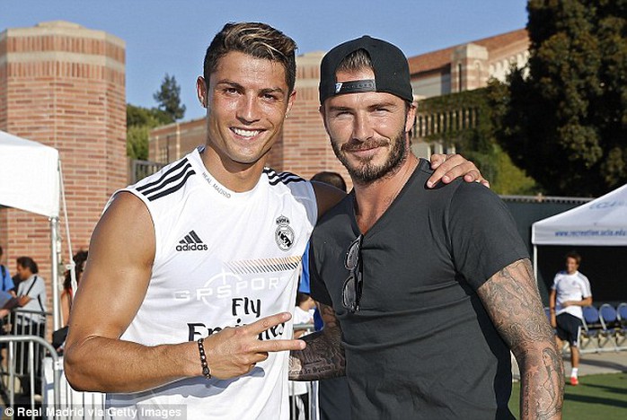 Ronaldo và Beckham trong một lần ngội sao người Anh trở lại thăm CLB cũ