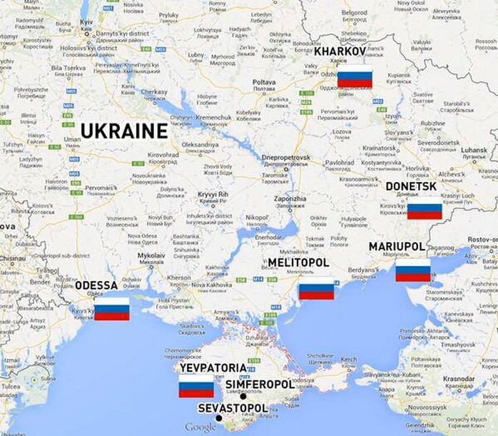 Cờ Nga đã được cắm tại trụ sở hành chính của những thành phố này thuộc Ukraine. Ảnh: RT