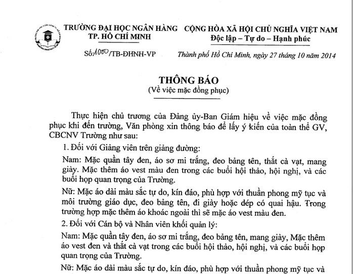 Thông báo về việc mặc đồng phục đối với giảng viên Trường ĐH Ngân hàng TP HCM