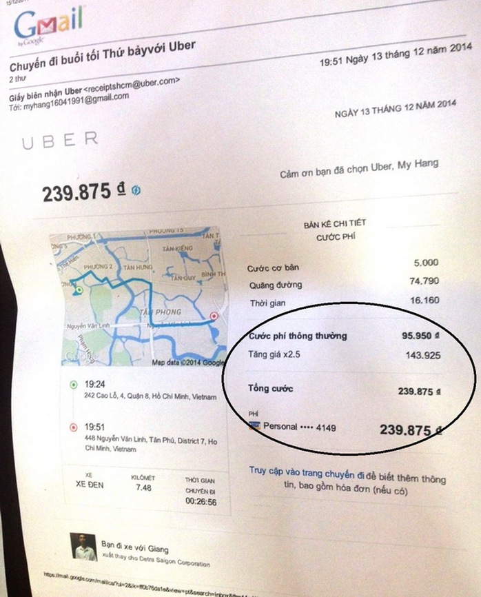 Hóa đơn thanh toán cho thấy Uber tăng giá gấp 2,6 lần.