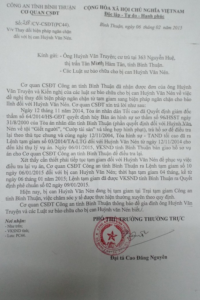 Văn bản trả lời không chấp nhận cho Huỳnh Văn Nén tại ngoại của Cơ quan CSĐT tỉnh Bình Thuận.
