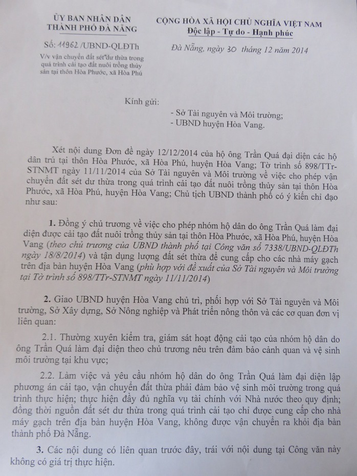 Công văn 11962/UBND-QLĐT ký ngày 30-12-2014 của nguyên chủ tịch UBND TP Đà Nẵng Văn Hữu Chiến