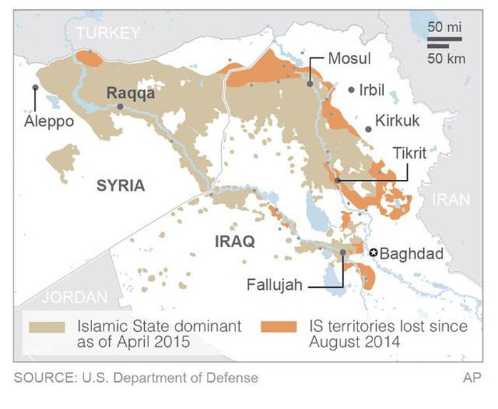 IS mất 16.800 km2 đất tại Iraq nhưng chiếm thêm được một số vùng lãnh thổ ở Syria kể từ tháng 8-2014. Ảnh: AP