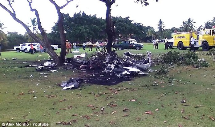 Chiếc máy bay bôc cháy khi lao xuống sân golf. Ảnh: EPA, Youtube