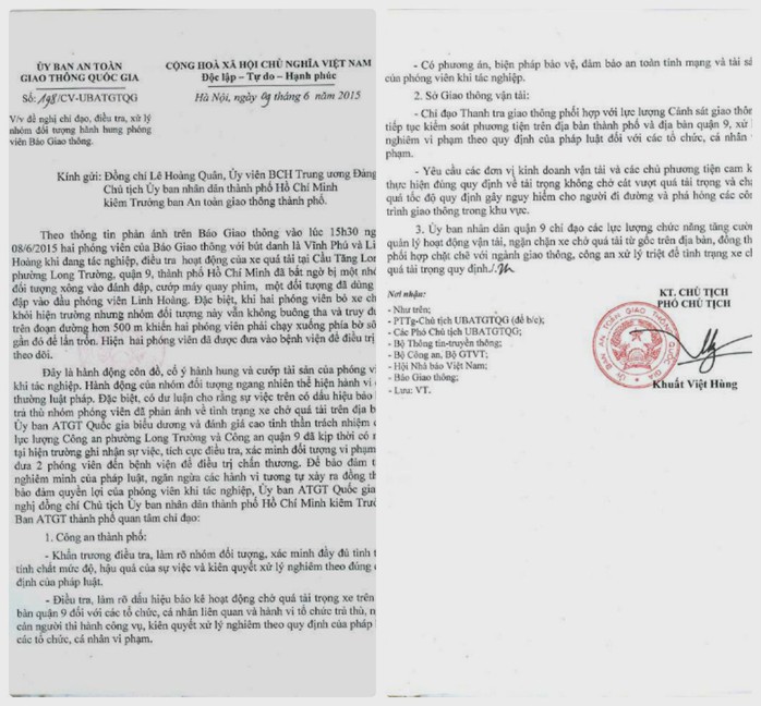 Ủy ban ATGT Quốc gia đã có công văn gửi đến Chủ tịch UBND TP HCM đề nghị điều tra và xử lí nhóm côn đồ đã hành hung phóng viên Báo Giao Thông