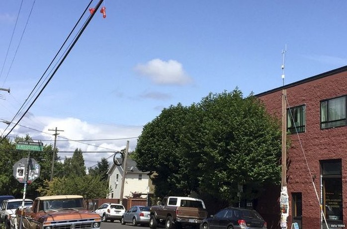 Đồ chơi tình dục treo la liệt trên dây điện ở TP Portland, bang Oregon – Mỹ. Ảnh: Reuters