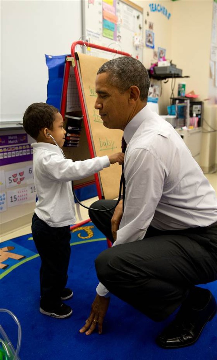 March 4, 2014 The President was visiting a classroom at Powell Elementary School in Washington, D.C. A young boy was using a stethoscope during the c...