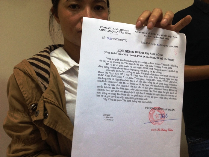 Văn bản trả lời của Công an quận Tân Bình vừa gửi đến chị Hồng vào sáng 12-5.