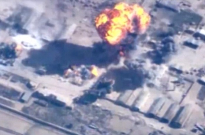 Airstrike: Jordan has carried out 56 aerial bombings on Islamic State targets in revenge for the murder of Jordanian pilot Moaz al Kasasbeh. Pictured: Aerial strike from video released last week by officials 