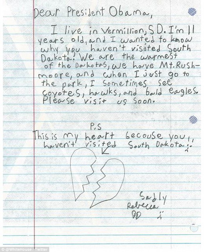 Rebeccas touching letter to the president, urging him to make a visit to her home state. The letter is illustrated with a hand-drawing of Rebeccas broken heart