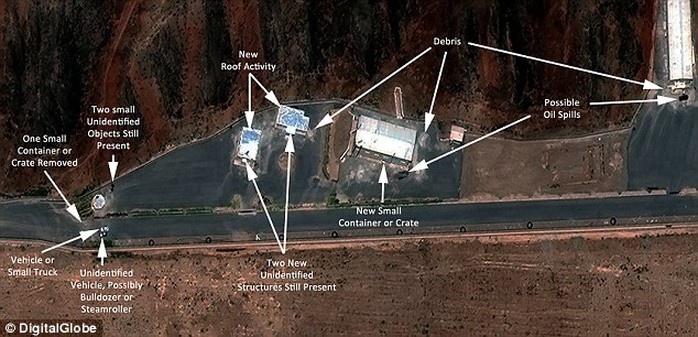 The aerial photos released by a Washington think tank purportedly show new activity at Parchin, including (from left) one small container removed; unidentified vehicle, possibly bulldozer or steamroller, new roof activity, two new unidentified structures, debris and possible oil spills