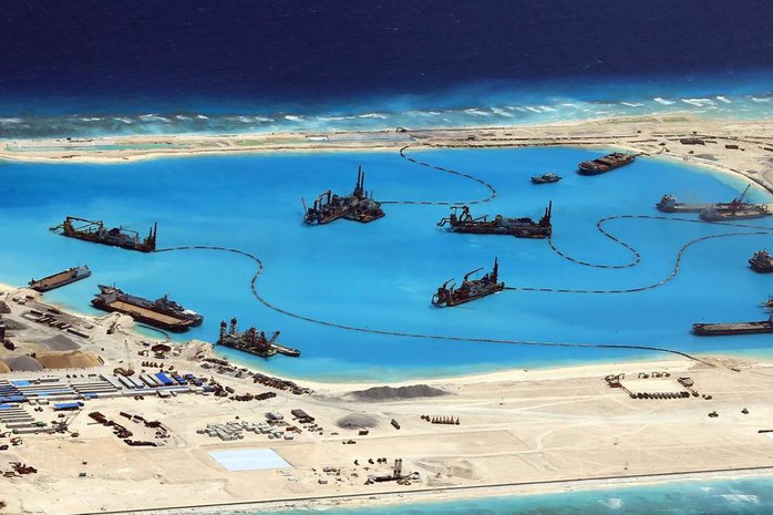 A photo provided by the Philippines last month shows construction by China at a reef in the disputed Spratley Islands in the South China Sea in February.