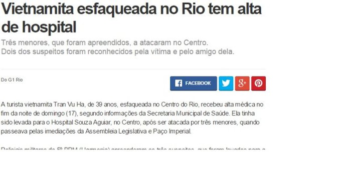 Bản tin đăng trên báo Globo về vụ du khách Việt Nam bị tấn công ở trung tâm Rio Ảnh: Globo