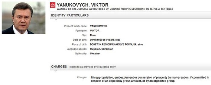 Thông báo truy nã ông Yanukovych trên website của Interpol. Ảnh: BBC
