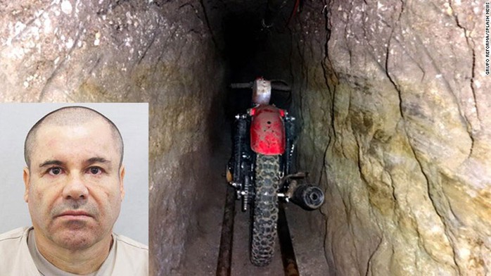 Chiếc xe máy mà trùm ma túy Guzman (ảnh nhỏ) dùng trong đường hầm khi vượt ngục   Ảnh: CNN, AP