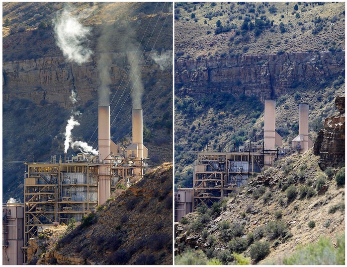 Một nhà máy điện chạy bằng than ở bang Utah trước và sau khi đóng cửa vào đầu năm 2015  Ảnh: REUTERS