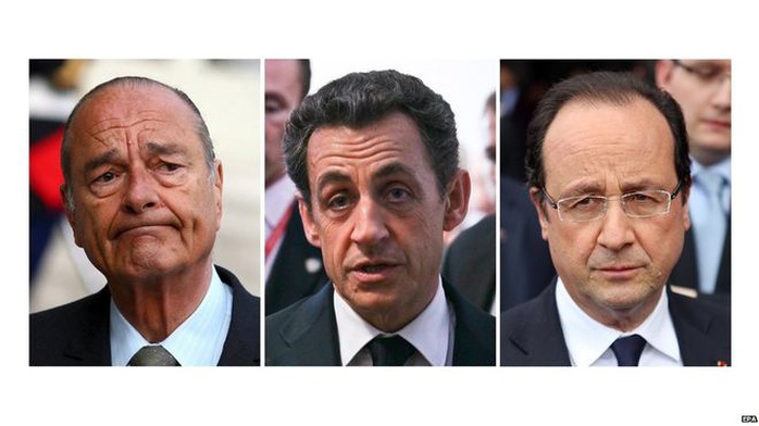 Từ trái qua phải: Các ông Jacques Chirac, Nicolas Sarkozy và Francois Hollande Ảnh: EPA