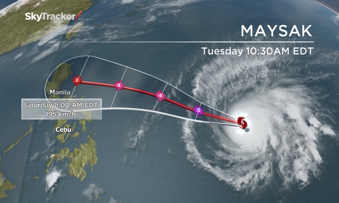 Maysak dư kiến đổ bộ Philippines ngày 4-4 tời và suy yếu. Ảnh: Global News