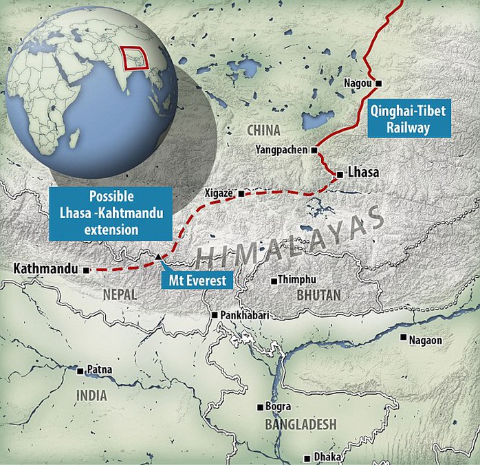 Sơ đồ tuyến đường sắt chạy ngầm dưới chân núi Everest nối liền Trung Quốc và Nepal. Ảnh: Daily Mail