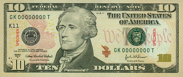 Đồng 10 USD hiện tại của Mỹ in hình Bộ trưởng Tài chính đầu tiên của đất nước Alexander Hamilton. Ảnh: AP