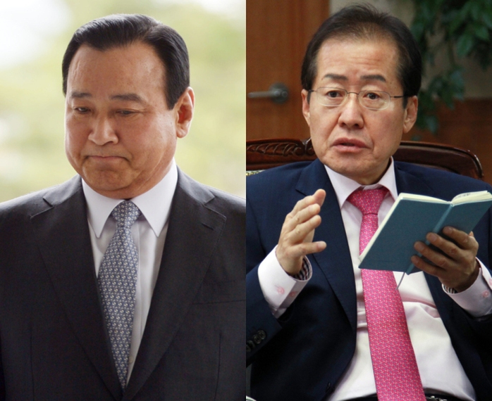 Cựu Thủ tướng Hàn Quốc Lee Wan-koo (trái) và tỉnh trưởng tỉnh Nam Gyeongsang Hong Joon-pyo (phải). Ảnh: Yonhap