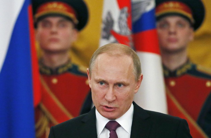 Tổng thống Nga Putin phát biểu tại lễ vinh danh các cựu binh thời Thế chiến thứ hai hôm 20-2. Ảnh: Reuters