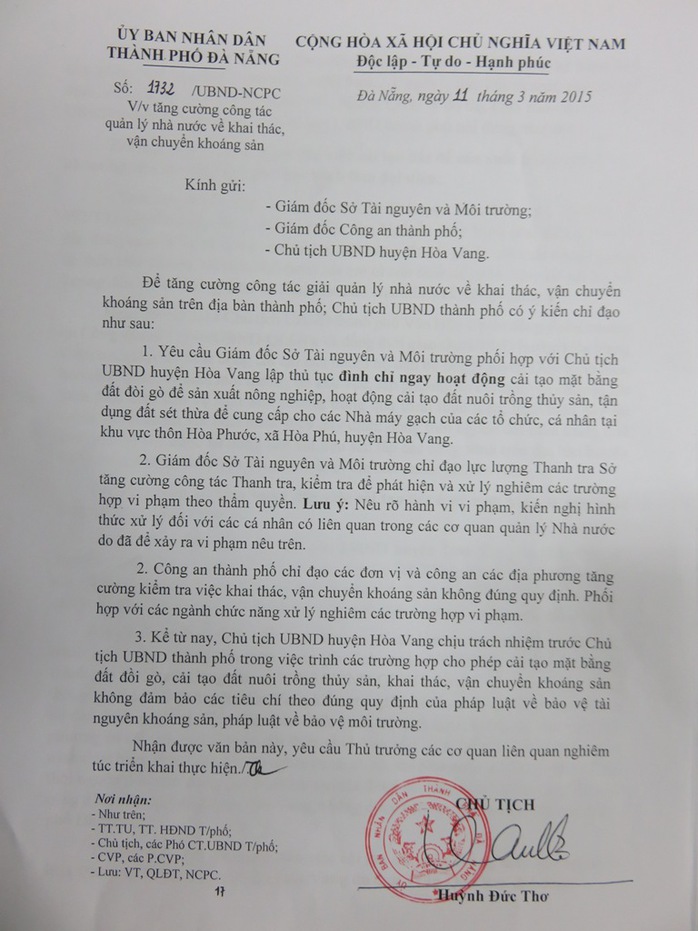 Công văn 1732/UBND-NCLC ký ngày 11-3-2015 của tân chủ tịch UBND TP Đà Nẵng Huỳnh Đức Thơ.