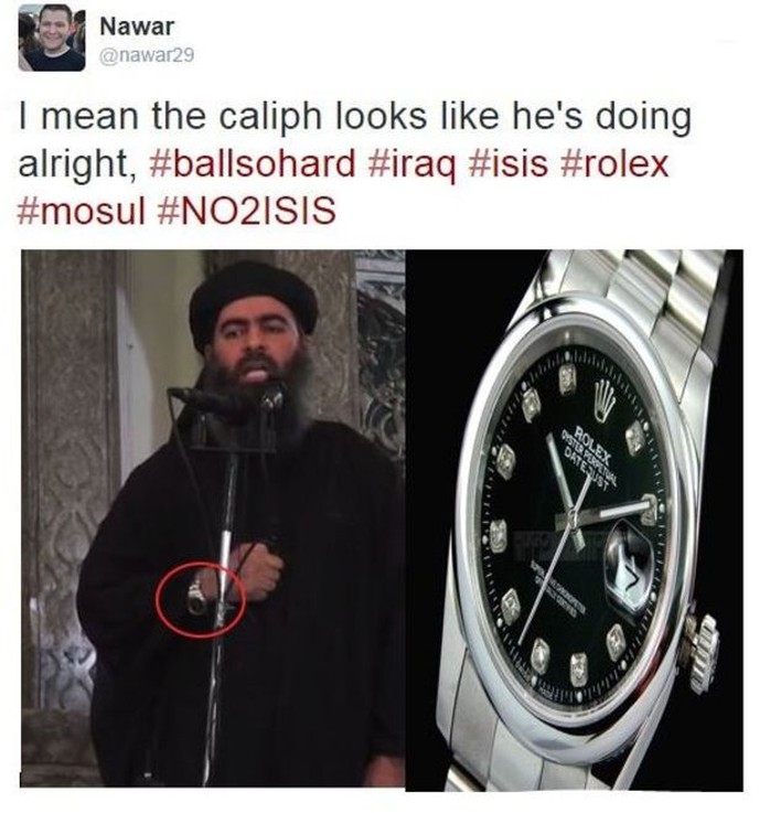 Thủ lĩnh IS Abu-bakr Al-Baghdadi và chiếc đồng hồ đắt tiền. Ảnh: BBC