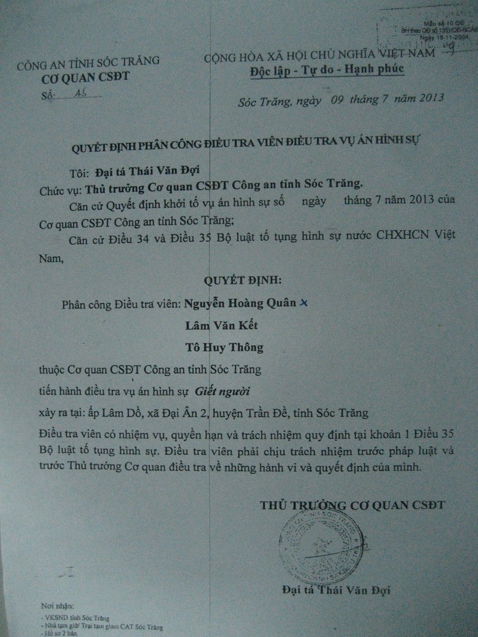 Trong quyết định phân công điều tra viên tham gia vụ án không có tên bị can Triệu Tuấn Hưng