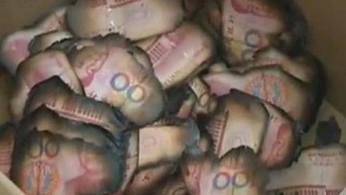 Số tiền giấy giấu trong bếp lò tàn theo ngọn lửa. Ảnh: China Daily