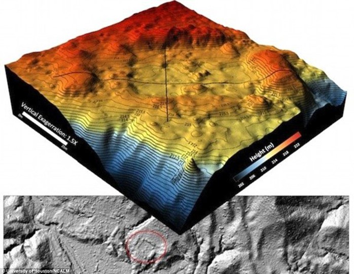Trường Đại học Houston và Trung tâm Bản đồ Laser Trên không Quốc gia (Mỹ) tạo ra bản đồ 3D và tìm thấy khu họp chợ cổ xưa (khoanh đỏ) trong rừng già Honduras. Ảnh: University of Houston/NCALM