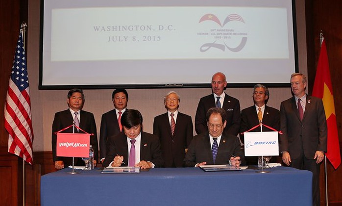 Tổng Bí thư Nguyễn Phú Trọng chứng kiến lễ ký của Vietjet với Boeing tại Washington.D.C vào chiều 8-7 giờ địa phương, tức sáng 9-7 theo giờ Việt Nam
