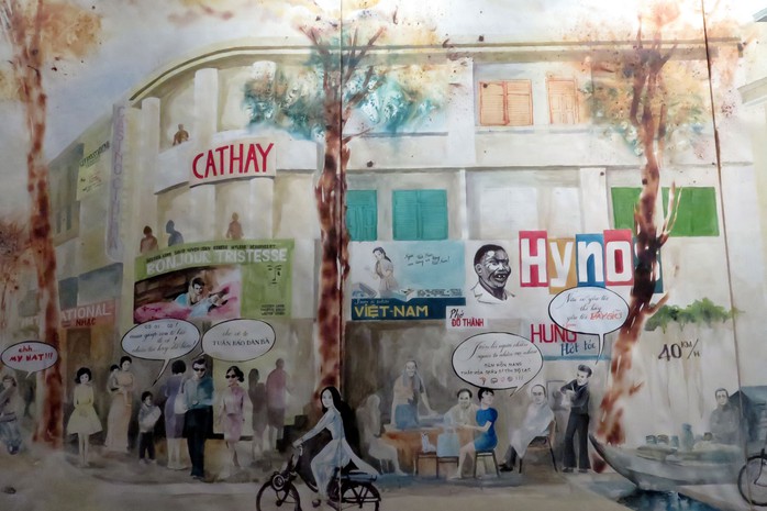 Một bức tranh màu nước ở quán cà phê Người Sài Gòn mô tả cuộc sống đa dạng của thành phố hơn 300 năm tuổi này
(Ảnh tác giả chụp lại)