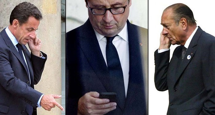 Điện thoại các tổng thống Pháp Sarkozy, Hollande và Chirac (từ trái sang) bị nghe lén mọi lúc mọi nơi Ảnh: LB