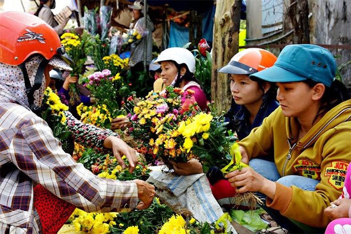 Hoa cúc với nhiều màu sắc do người dân địa phương trồng được nhiều người mua.