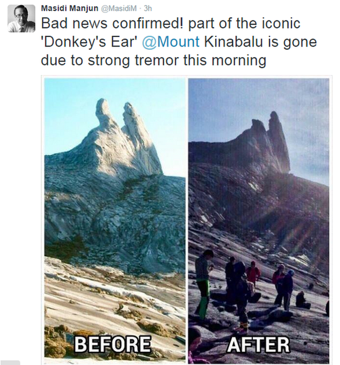 Tai lừa của đỉnh Kinabalu biến mất sau trận động đất.