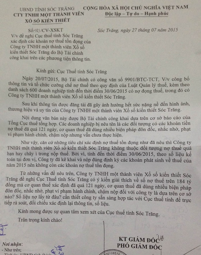 Công văn đề nghị giải thích rõ vì sao bị bêu tên nợ thuế của Công ty TNHH một thành viên xổ số kiến thiết Sóc Trăng