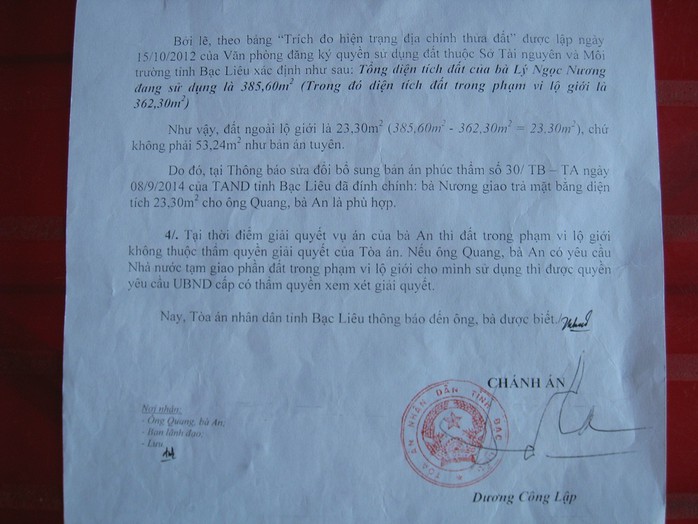 Chánh án TAND tỉnh Bạc Liêu thừa nhận tào xử sai thẩm quyền nhưng không khắc phục hậu quả