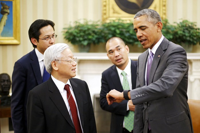 Tổng thống Mỹ Barack Obama đón tiếp Tổng Bí thư Nguyễn Phú Trọng tại phòng Bầu dục trong Nhà Trắng hôm 7-7 Ảnh: Reuters