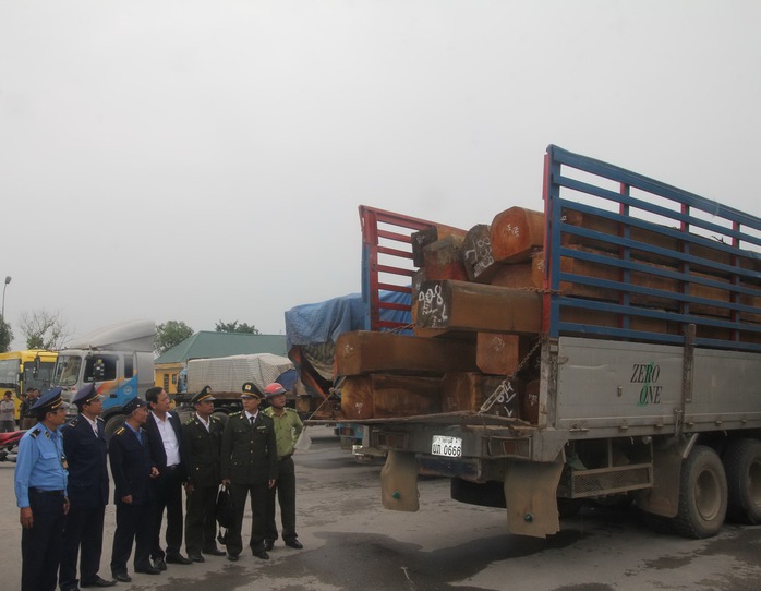 Lực lượng chức năng tỉnh Nghệ An hạ tải một đoàn xe chở gỗ từ Lào sang Việt Nam