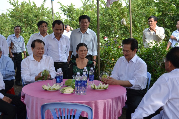 Thủ tướng Nguyễn Tấn Dũng thăm một tổ hợp tác sản xuất ổi tại thị xã Long Khánh, tỉnh Đồng Nai. Long Khánh là 1 trong 2 đơn vị đạt chuẩn nông thôn mới đầu tiên trên cả nước              Ảnh: Xuân Hoàng