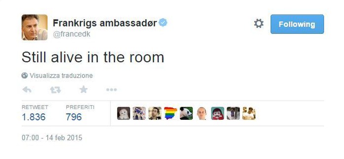 Đại sứ Pháp tại Đan Mạch François Zimeray lên mạng Twitter thông báo mình còn sống sau vụ tấn công ở thủ đô Copenhagen hôm 15-2 Ảnh: Twitter.com